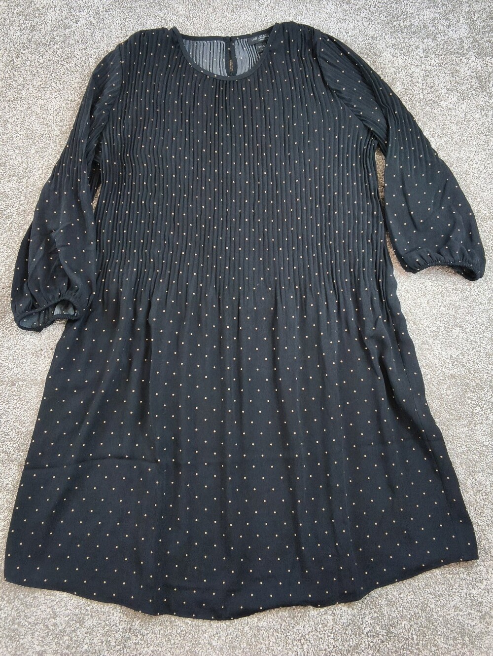J Jill Wearever Black Polka Dot Print Dress Large Pleated Midi Balloon Sleeves
